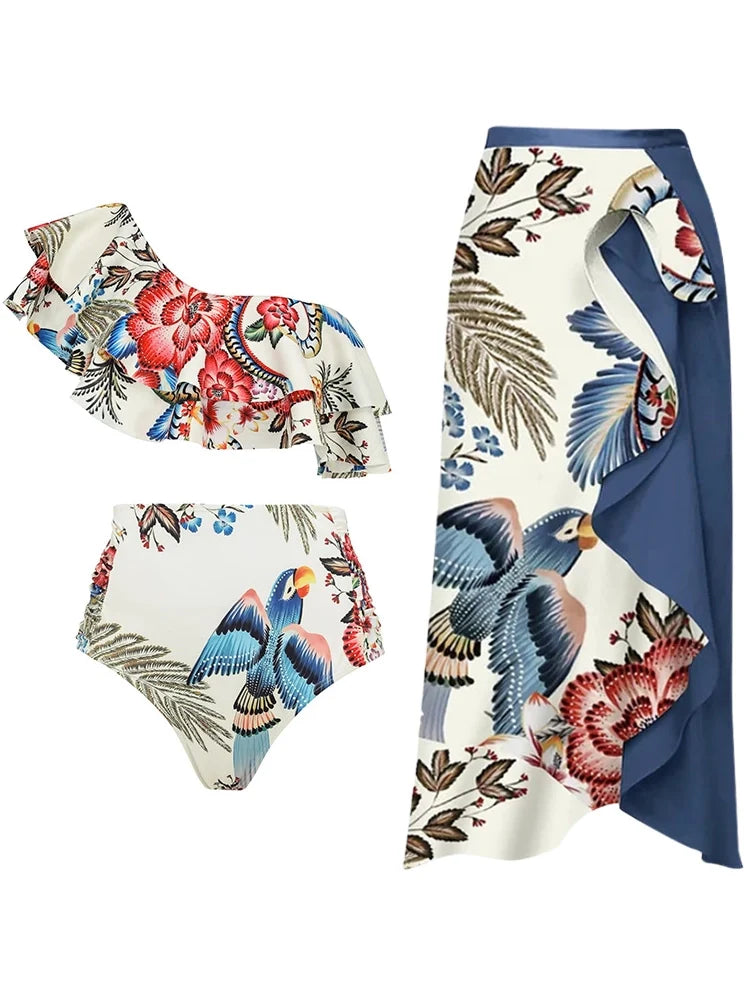 Tropical Toucan Ruffle One-Shoulder Bikini