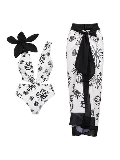 Floral Appliqué Printed White One-Piece Swimsuit