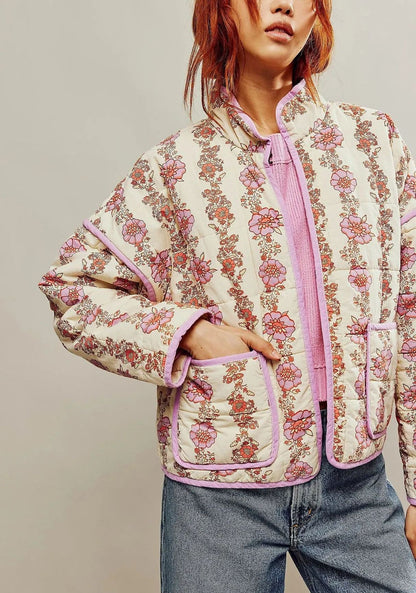 Jaqueta de algodão com estampa de flores e clipe de bolso