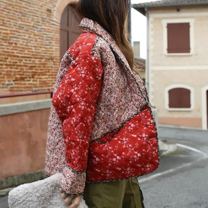 Jaqueta acolchoada estilo étnico estampa floral cor contraste