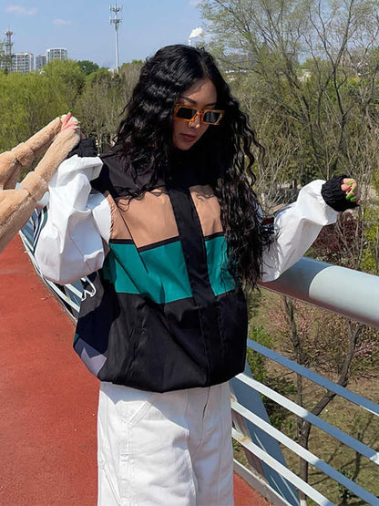Jaqueta trench coat de manga comprida com bloco de cores soltas