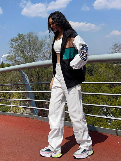 Jaqueta trench coat de manga comprida com bloco de cores soltas