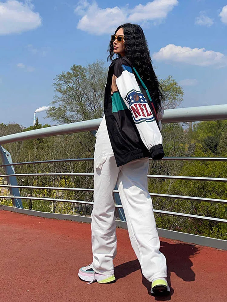 Jaqueta trench coat de manga comprida com bloco de cores soltas