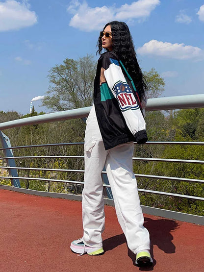 Jaqueta trench coat de manga comprida com bloco de cores soltas